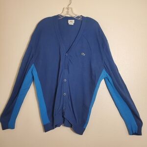 Lacoste two-toned blue men's cardigan size 7(XXL)  preppy 100% cotton V neck